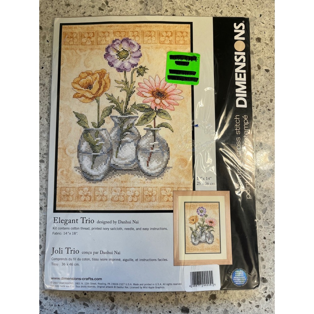 Dimensions Elegant‎ Trio Stamped Cross Stitch Kit Danhui Nai Floral Flowers 3229